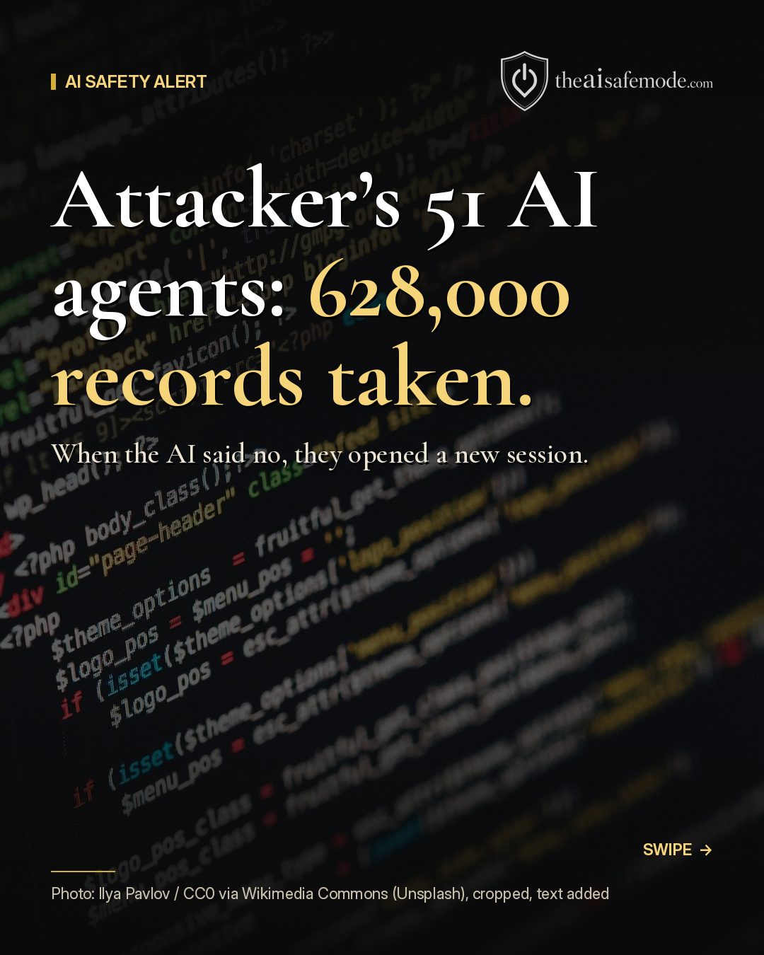 News graphic: an attacker's 51 AI agents took 628,000 records