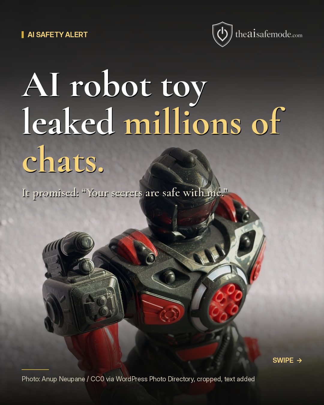 News graphic: an AI robot toy leaked millions of chats